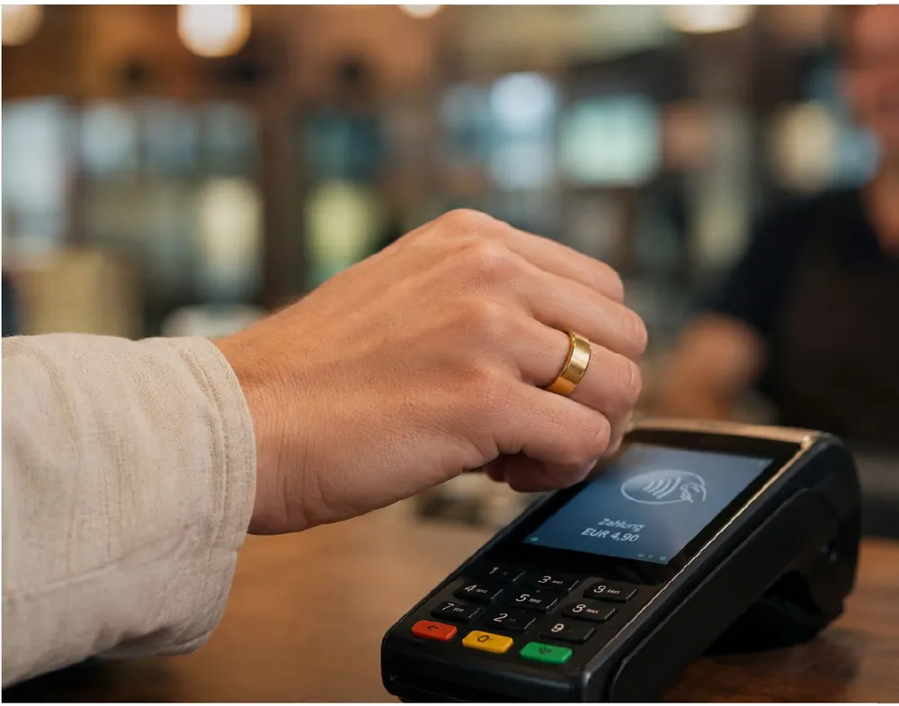 Paying at a card terminal with an NFC ring linked to a Bellver card